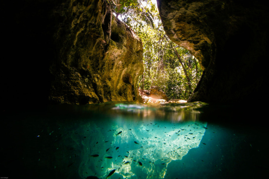 Underwater view showing ATM Cave entrance from inside.