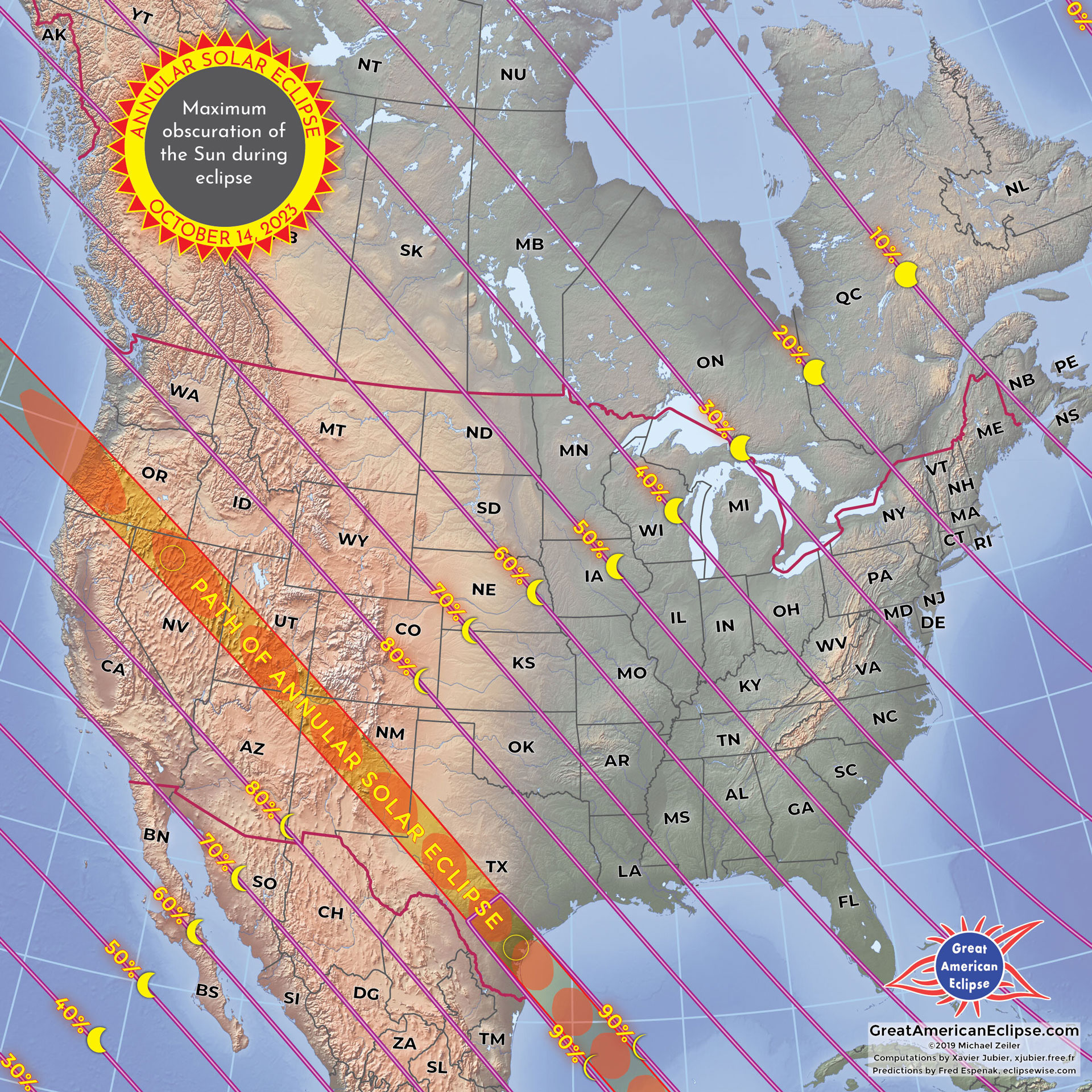 Map depicting the path of the annular solar eclipse through North America.