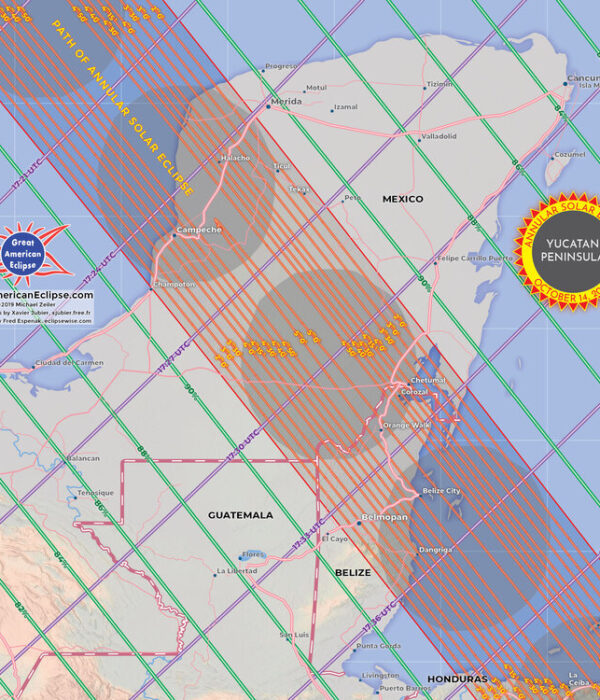 Illustration of the annular solar eclipse's path through the Yucatan Peninsula, including Belize.
